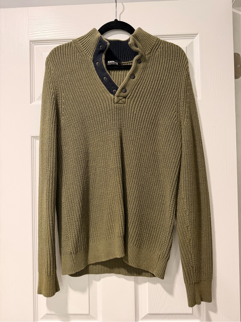 Express Men's Olive Ribbed V-Neck Button-Stand Sweater